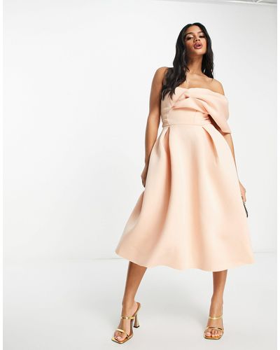 ASOS One Shoulder Pleat Front Midi Prom Dress - Natural