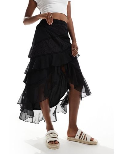 Miss Selfridge Chiffon Lace Mix Ruffle Maxi Skirt - Black