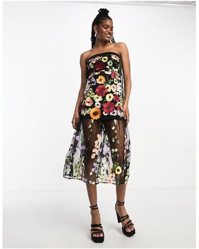 Amy Lynn Zion - Maxi Bandeau-jurk Met Geborduurde Bloemen Op Zwarte Ondergrond - Wit
