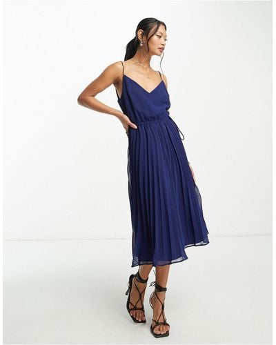 ASOS Pleated Cami Midi Dress With Drawstring Waist - Blue