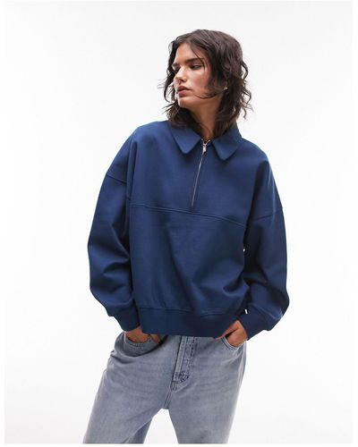 TOPSHOP Cotton Blend Quarter Zip Pullover - Blue