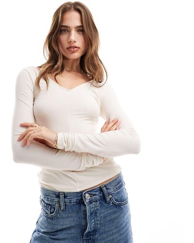 & Other Stories Long Sleeve V Neck Detail Neck Top - White