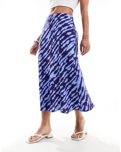 Mango Satin Printed Midi Skirt - Blue