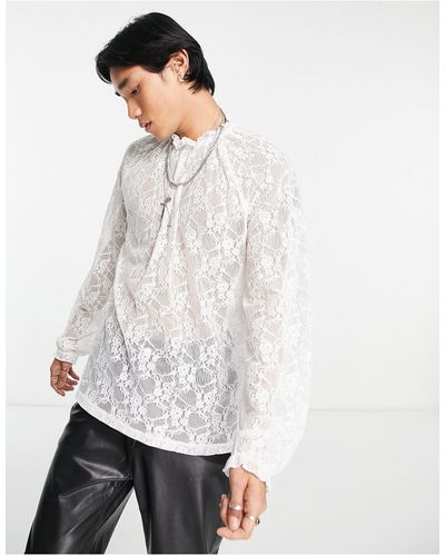 ASOS T-shirt manches longues en dentelle avec détail sur l'encolure et les manches - Blanc