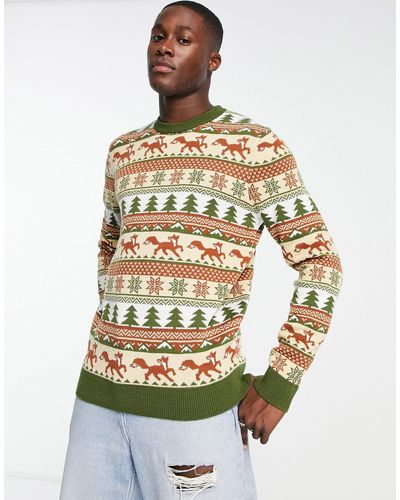 Threadbare Maglione natalizio girocollo color cammello con volpi - Neutro