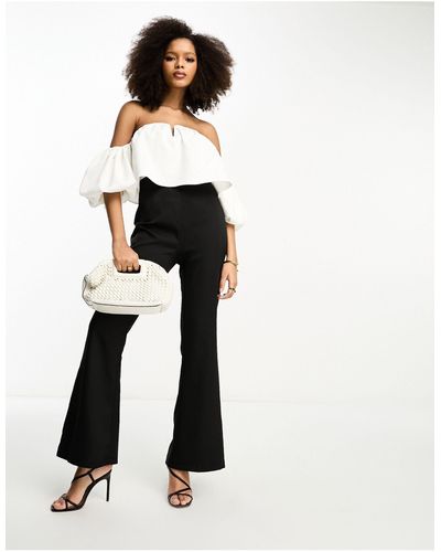 In The Style Bardot Puff Sleeve Flared Jumpsuit - White