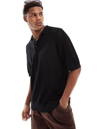 Pull&Bear Open Weave Knitted Polo - Black