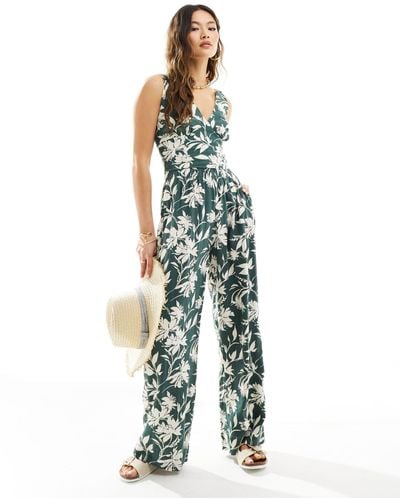 Abercrombie & Fitch Pantalon ample d'ensemble en lin mélangé avec taille élastique - fleuri - Vert