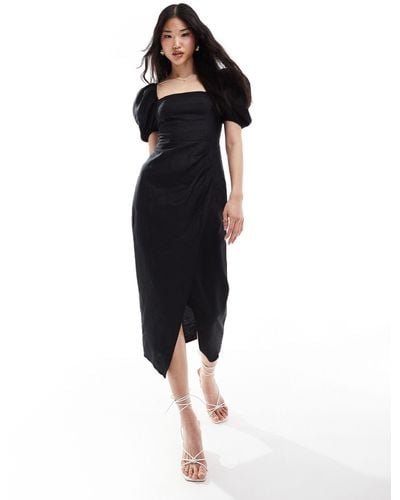 & Other Stories Linen Blend Corset Detail Midi Wrap Dress - Black