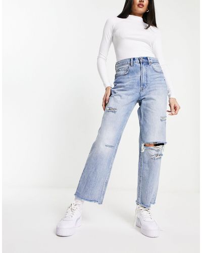 Stradivarius Straight Cropped Jean With Rips - Blue