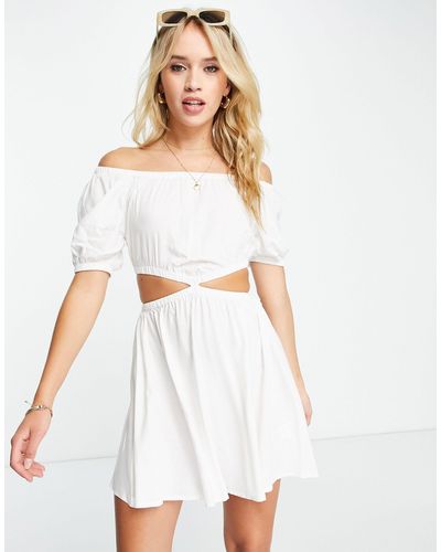 esmé studios Esmee Exclusive Beach Off Shoulder Mini Summer Dress With Cut Out Detail At Waist - White
