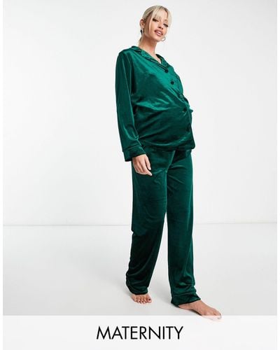 NIGHT Maternity – langes pyjama-set aus samt - Grün