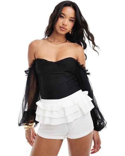 LACE & BEADS Balloon Sleeve Ruched Bodysuit - Black