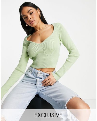 Missguided Ribbed V Neck Sweater - Green