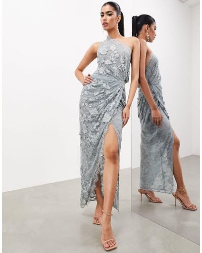 ASOS Statement Applique Lace One Shoulder Maxi Dress - Blue
