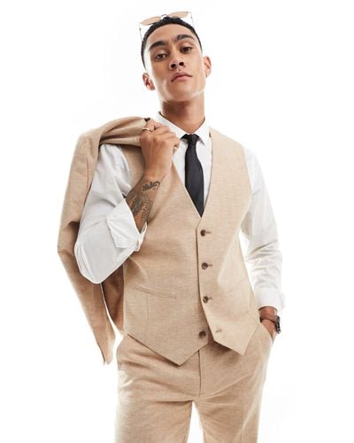ASOS Slim Herringbone Suit Waistcoat With Linen - Natural