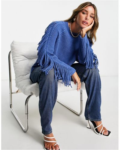 Whistles Oversized Cable Knit Sweater With Fringe Sleeves - Blue