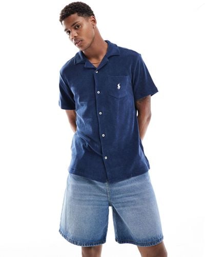 Polo Ralph Lauren Icon Logo Pocket Short Sleeve Lightweight Cotton Terry Revere Collar Shirt - Blue