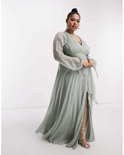 ASOS Asos Design Curve Bridesmaid Long Sleeve Ruched Maxi Dress With Wrap Skirt - Grey