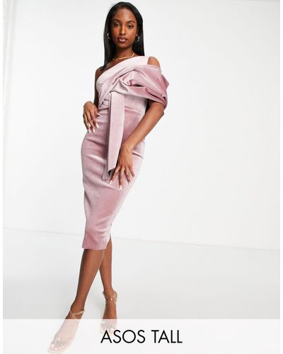 ASOS Asos Design Tall Velvet Peekaboo Shoulder Tuck Midi Pencil Dress - Pink