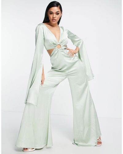 ASOS Satin Ring Detail Cut Out Extreme Flare Sleeve Jumpsuit - Green