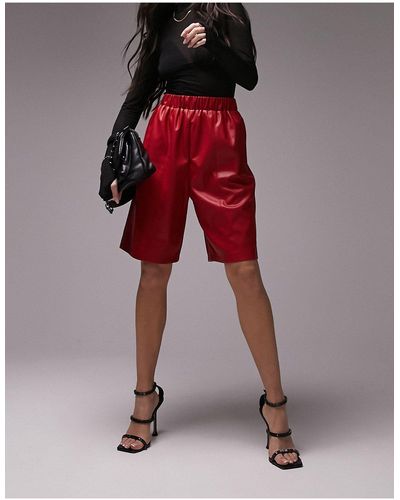 TOPSHOP Faux Leather Longline Pull-on Shorts - Red