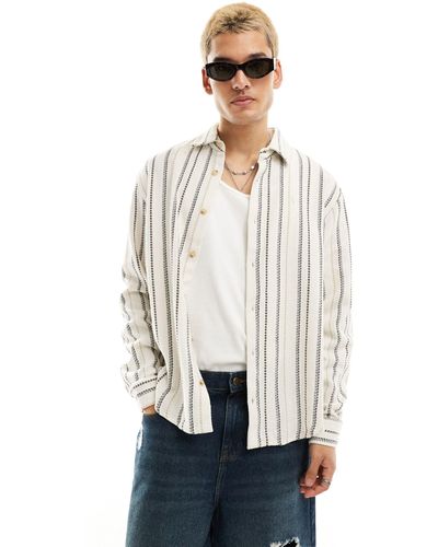 Pull&Bear Long Sleeve Textured Stripe Shirt - White