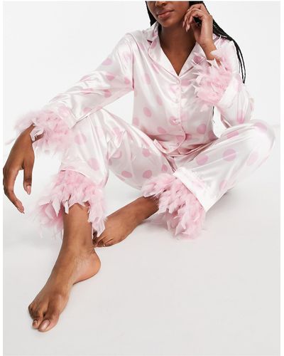 NIGHT Satin Pyjamas With Detachable Faux Feather Trim - Pink