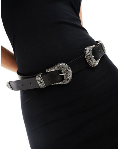 ASOS Leather Double Buckle Western Waist And Hip Belt - Black