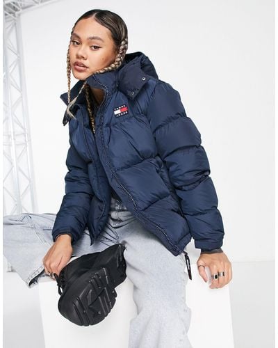 Tommy Hilfiger Multi Color Chevron Striped Hooded Short Puffer Jacket in  Blue | Lyst UK