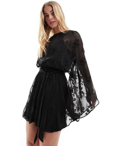 ASOS Embroidered Chiffon Mini Dress With Flared Sleeves And Self Belt - Black