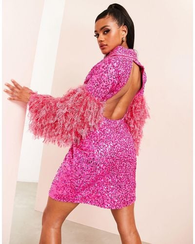 ASOS Sequin Blazer Dress With Cut Out Back With Faux Feather Sleeve - Pink