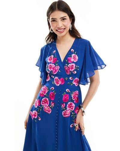 Hope & Ivy Embroidered Midi Dress With Floaty Sleeves - Blue
