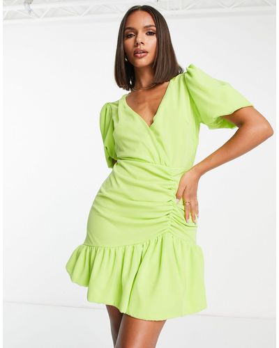 Missguided Vestito a portafoglio color lime con maniche a palloncino - Verde