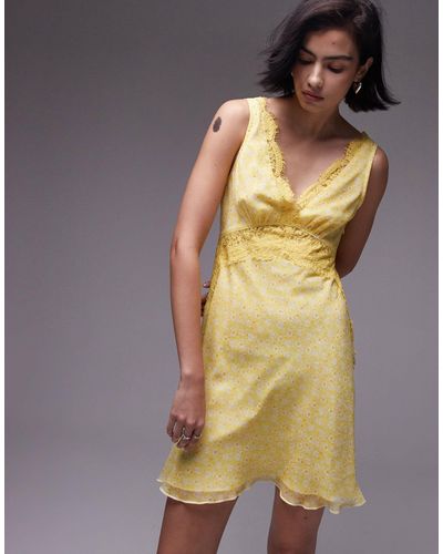 TOPSHOP Floral Lace Mini Flippy Dress - Yellow
