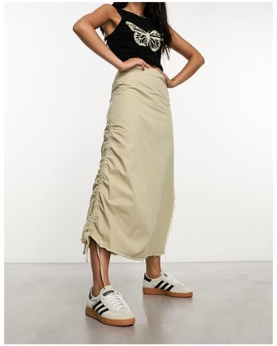 Collusion Twill Ruched Maxi Skirt With Raw Hem - Natural