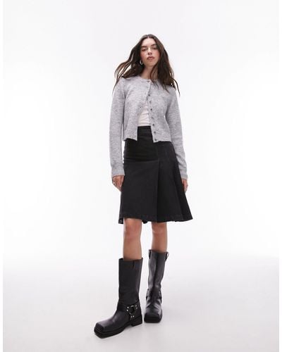 TOPSHOP Denim Knee Length Pleat Skirt - Black