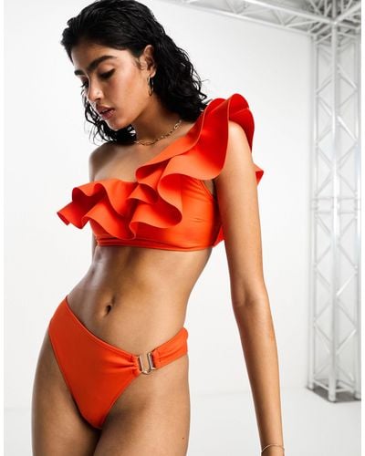 River Island Frill One Shoulder Bandeau Bikini Top - Orange