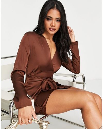 Naanaa Satin Mini Long Sleeve Ruffle Dress - Brown