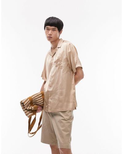 TOPMAN Short Sleeve Regular Fit Revere Embroidered Satin Shirt - Natural