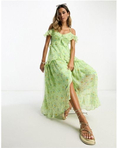 ASOS Chiffon V Neck Frill Midi Tea Dress With Button Through - Green