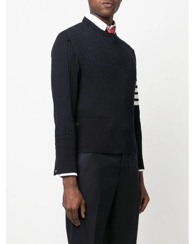 Thom Browne Men 4 Bar Ribbed Knit Round Neck Pullover - Blue
