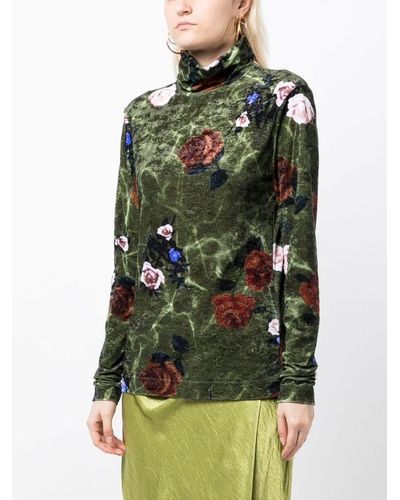 Dries Van Noten Rose Print Velvet Turtleneck Sweater in Green | Lyst