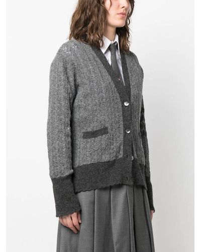 Thom Browne Women Cable Pointelle Stitch Cardigan In Shetland Wool W/ 4 Bar Stripe - Gray