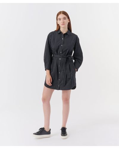 ATM Pinstripe Cotton Poplin Long Sleeve Shirt Dress - Black