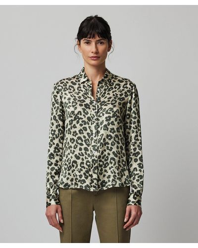 ATM Silk Charmeuse With Leopard Print Slim Fit Shirt - Green