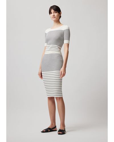 ATM Silk Cotton Blend Mixed Stripe Midi Skirt - White