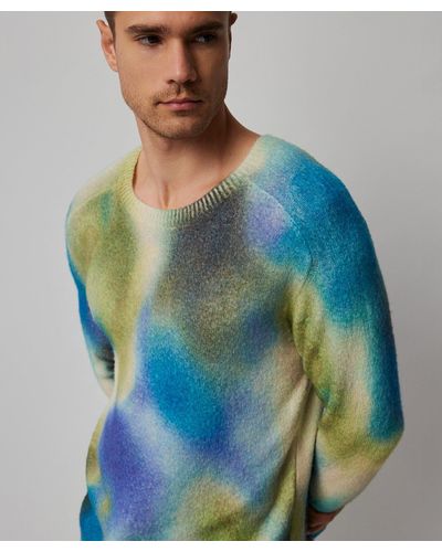 ATM Wool Blend With Watercolor Print Long Sleeve Crew Neck Sweater - Blue