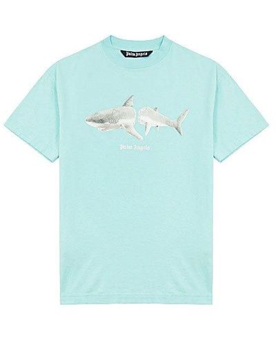 Palm Angels Shark Print Cotton T-shirt Light Blue - Black
