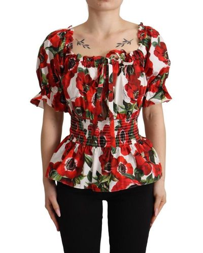 Dolce & Gabbana Red Anemone Print Cotton Short Sleeves Blouse Top